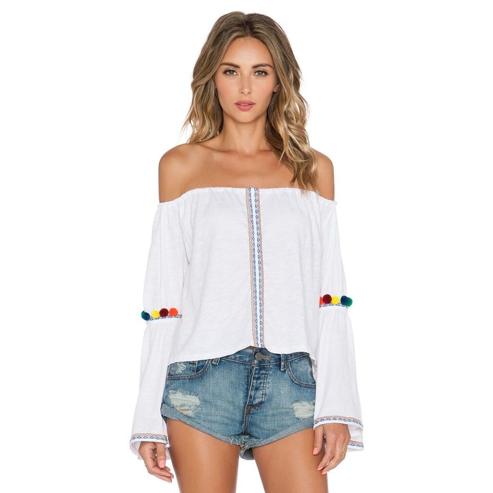 Pitusa Off Shoulder Pom Pom Bell Sleeve Top Womens OS White Boho Pima Cotton‎
